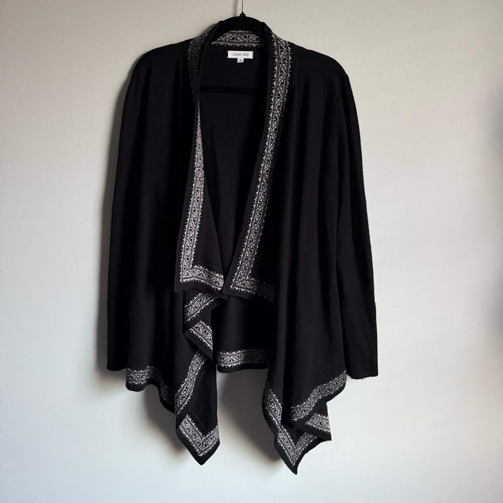 Johnny was cashmere merino wool embroidered trim cardigan black size medium